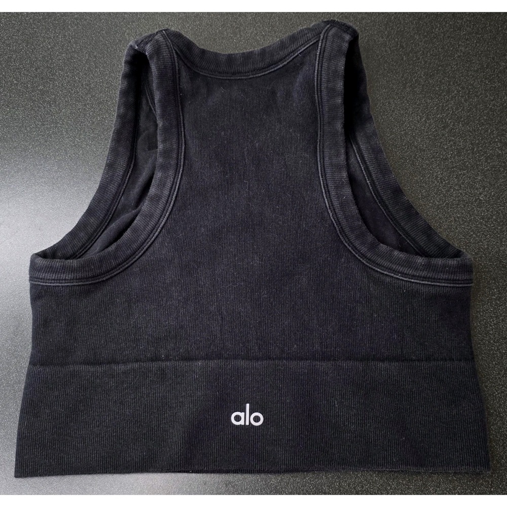 Alo Seamless Delight High Neck Crop Bra Distressed Black Yoga Light Support Sz S